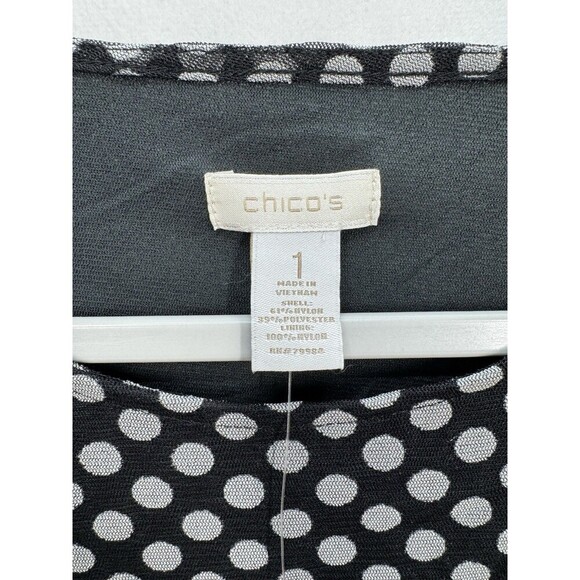 Chicos Polka Dot Lined Raye Top Size 1 (M/8) Black Mesh Sleeves Ruched Sides NEW - Picture 5 of 10